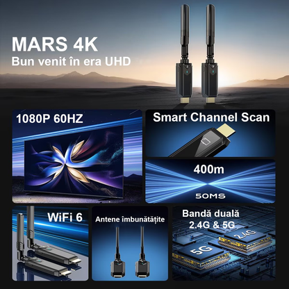 Kit Extensie HDMI Wireless 400m, TX si RX Full HD 1080P 60Hz, Plug & Play, Dual Band 2.4G/5G, cu 2 Adaptoare, pentru Streaming Audio/Video, Negru