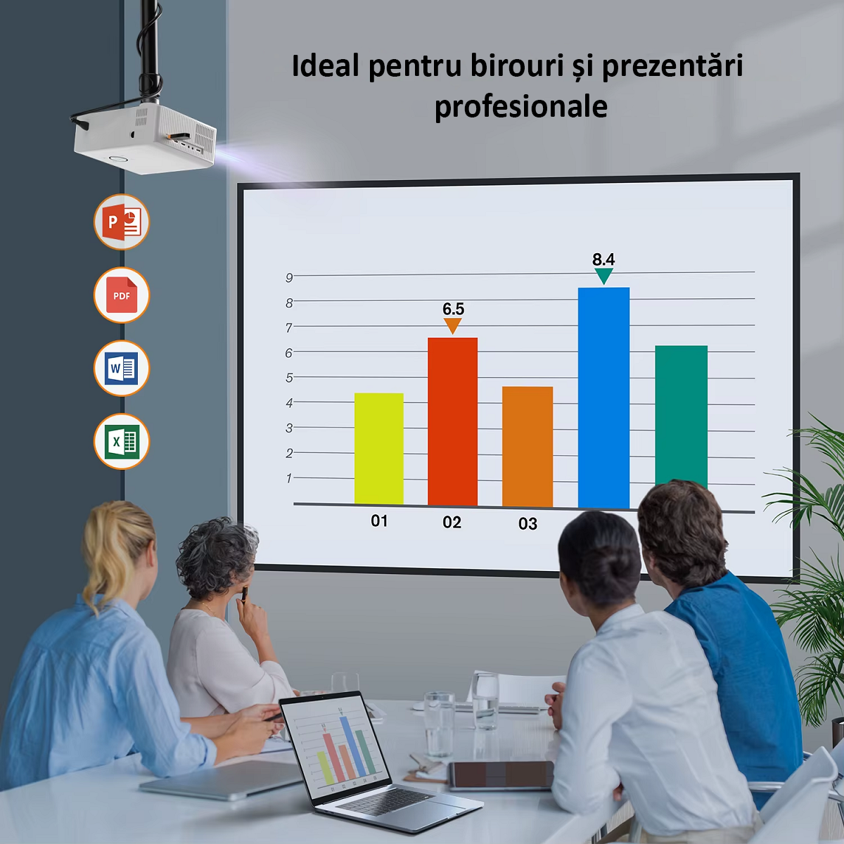 Videoproiector 4k, Auto Focus, Auto Correction, Evitarea Auto a Obstacolelor, Distanta Proiectare 1.7 – 5m, WIFI 6, Bluetooth 5.0, Airplay, Miracast