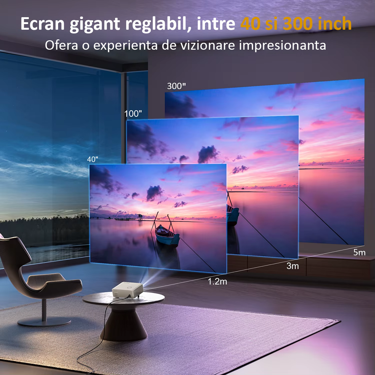 Videoproiector 4k, Auto Focus, Auto Correction, Evitarea Auto a Obstacolelor, Distanta Proiectare 1.7 – 5m, WIFI 6, Bluetooth 5.0, Airplay, Miracast