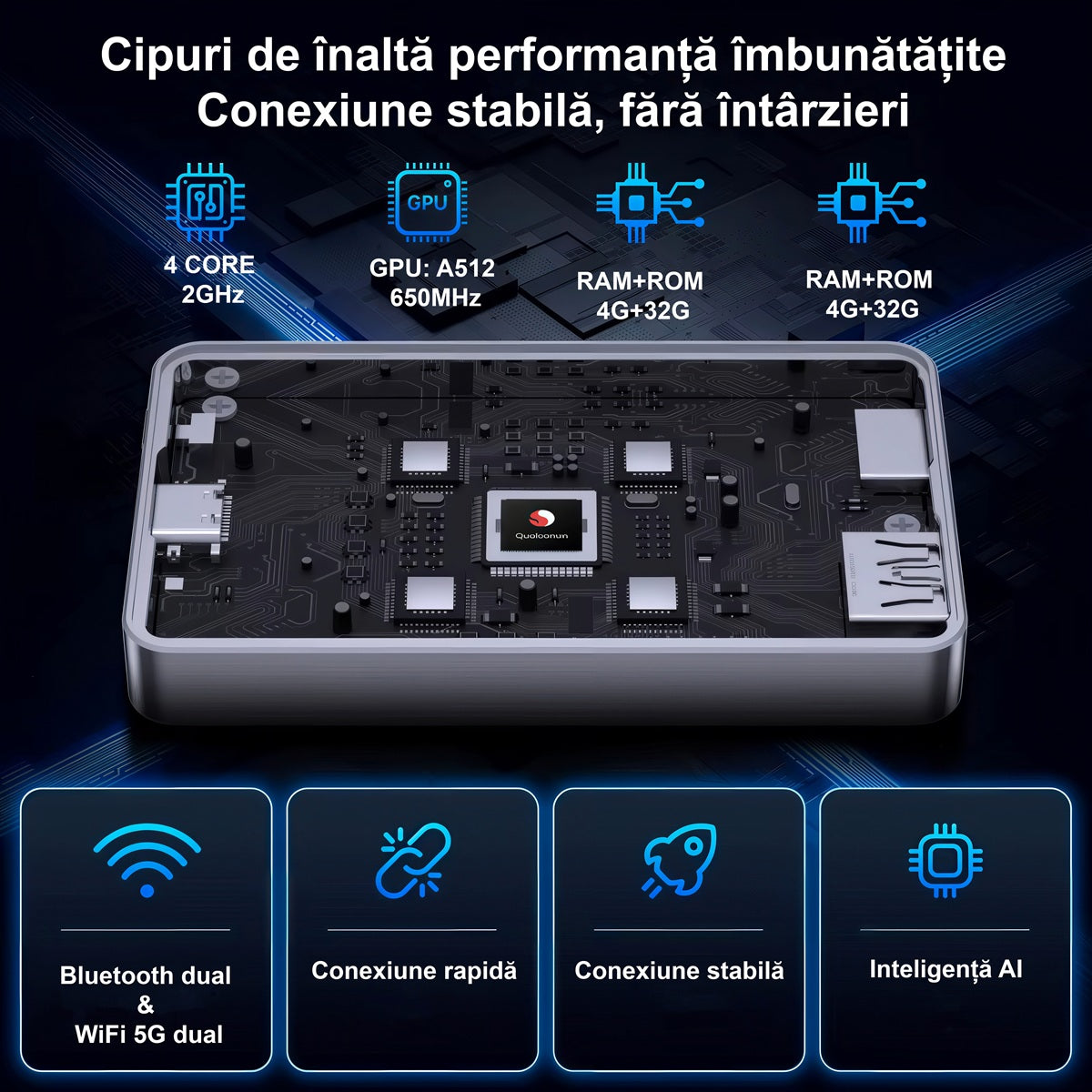 Adaptor Auto Wireless 4 in 1 Apple Carplay si Android Auto ENZIRO®, cu Netflix, YouTube, Google Store, HDMI 4K, 32GB, sistem ANDROID 12, Negru | Gri