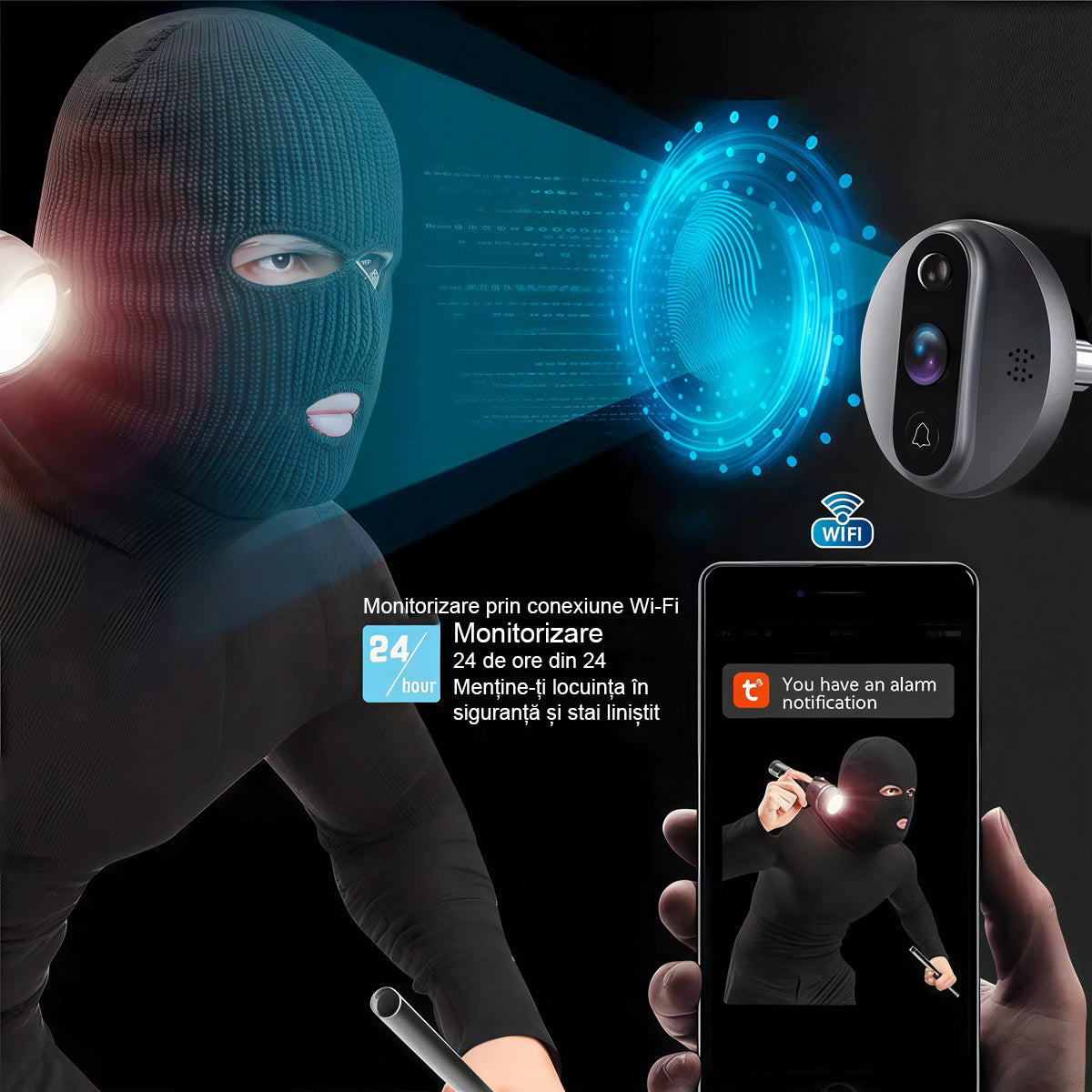 Vizor Electronic Inteligent Wi-Fi, ENZIRO®, Sonerie fara fir cu Camera 1080P HD, 3MP, Senzor Miscare, Vizualizare Nocturna 5m, Baterie 5000mAh, Gri