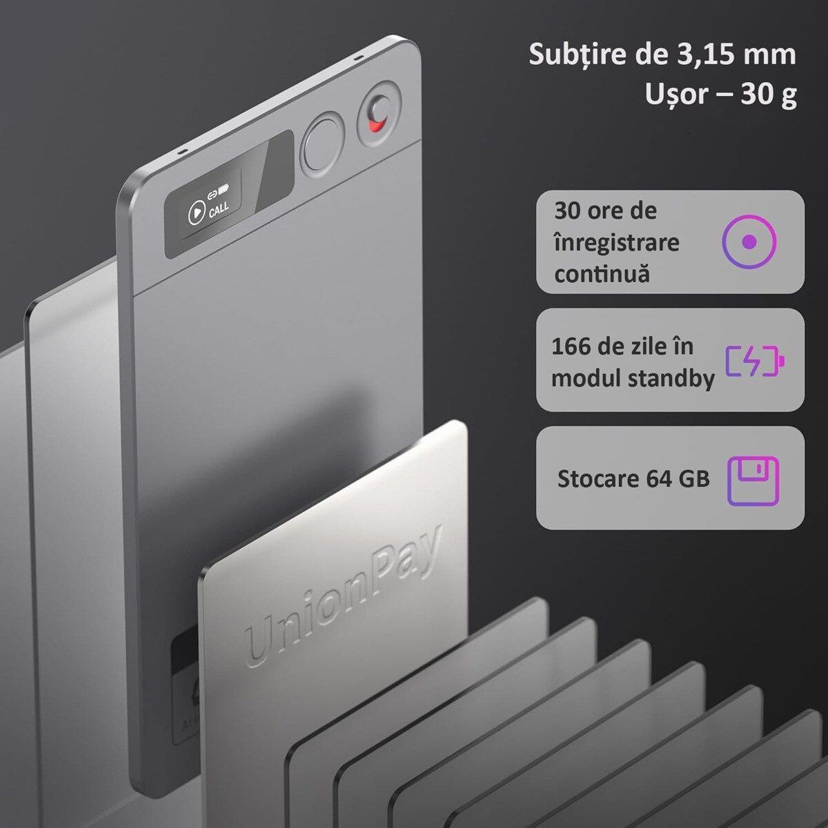 Reportofon Inteligent AI ENZIRO® cu ChatGPT, 64GB, 152+ Limbi, 30h Inregistrare Continua, 240 Zile Standby, Control prin Aplicatie, Magnetic,Gri