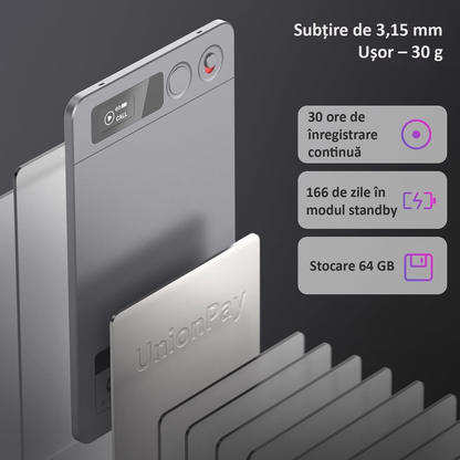 Reportofon Inteligent AI ENZIRO® cu ChatGPT, 64GB, 152+ Limbi, 30h Inregistrare Continua, 240 Zile Standby, Control prin Aplicatie, Magnetic,Gri