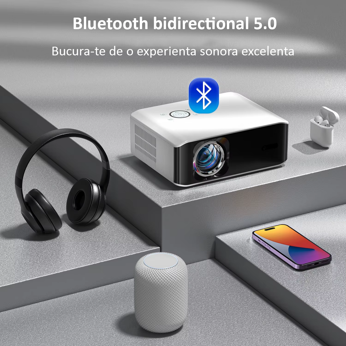 Videoproiector 4k, Auto Focus, Auto Correction, Evitarea Auto a Obstacolelor, Distanta Proiectare 1.7 – 5m, WIFI 6, Bluetooth 5.0, Airplay, Miracast