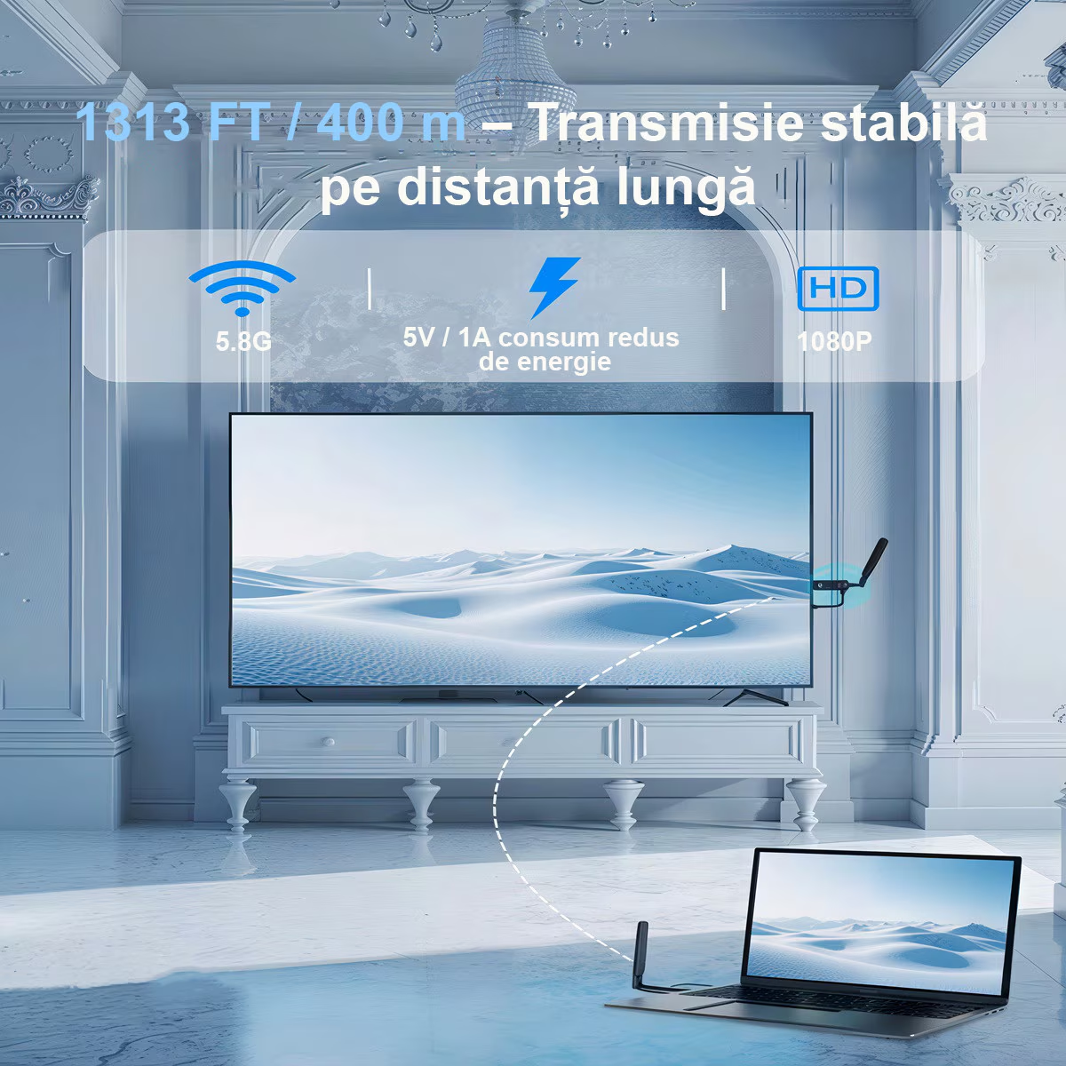 Kit Extensie HDMI Wireless 400m, TX si RX Full HD 1080P 60Hz, Plug & Play, Dual Band 2.4G/5G, cu 2 Adaptoare, pentru Streaming Audio/Video, Negru