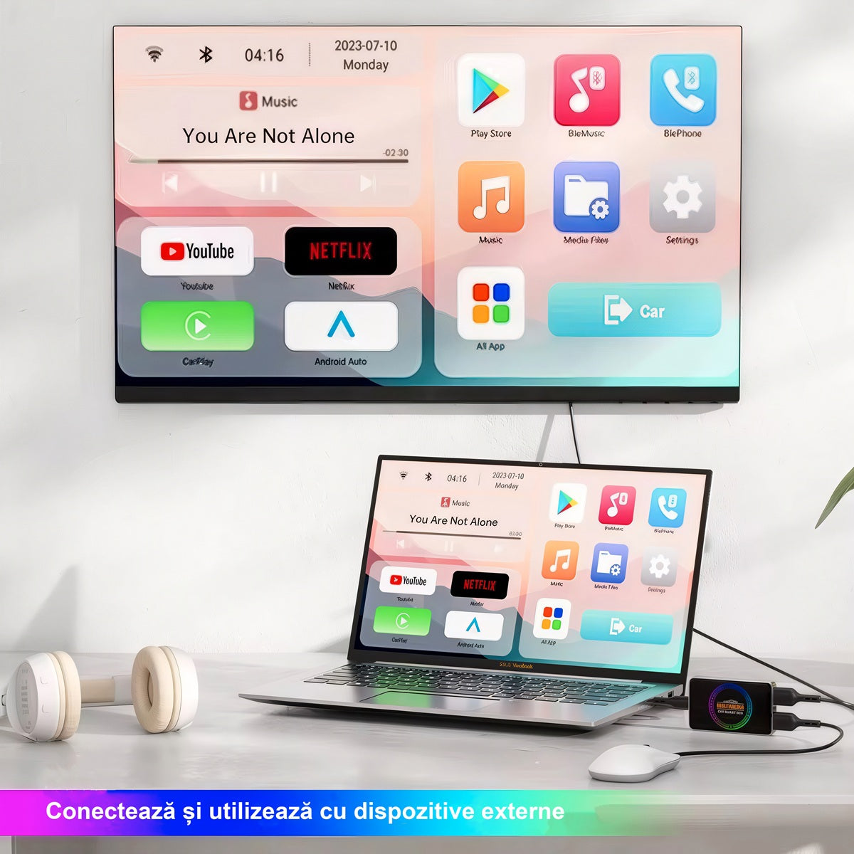 Adaptor Auto Wireless 4 in 1 Apple Carplay si Android Auto ENZIRO®, cu Netflix, YouTube, Google Store, HDMI 4K, 32GB, sistem ANDROID 12, Negru | Gri