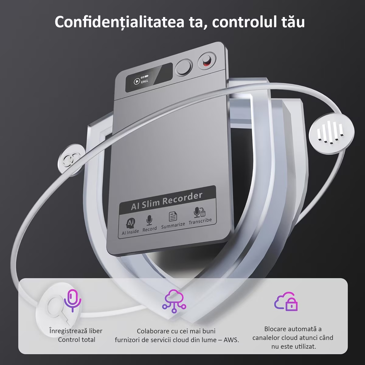 Reportofon Inteligent AI ENZIRO® cu ChatGPT, 64GB, 152+ Limbi, 30h Inregistrare Continua, 240 Zile Standby, Control prin Aplicatie, Magnetic,Gri