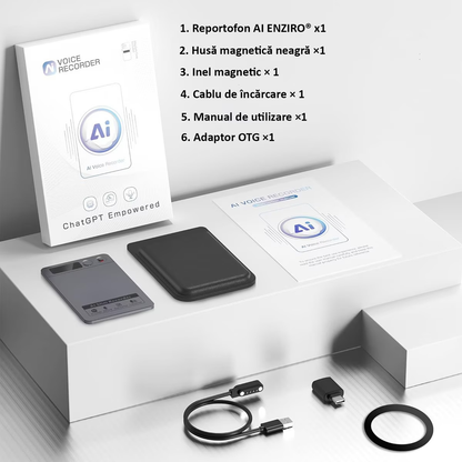 Reportofon Inteligent AI ENZIRO® cu ChatGPT, 64GB, 152+ Limbi, 30h Inregistrare Continua, 240 Zile Standby, Control prin Aplicatie, Magnetic,Gri